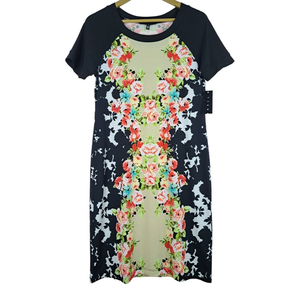 NEW Tiana B Dress Womens Size 6 Black Multicolor Floral Stretch Shift